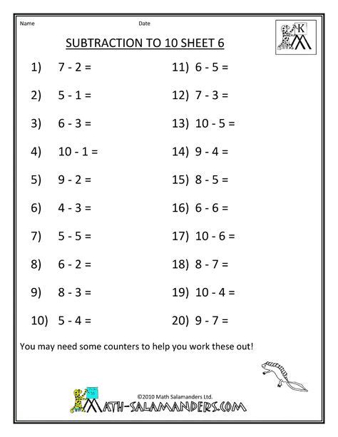 subtraction to 10 worksheets math subtraction math