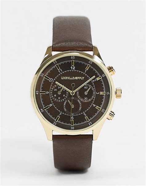 asos design klassiek horloge met gouden behuizing en bruine band van imitatieleer asos