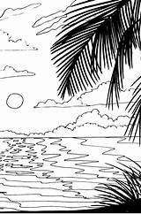 Coloring Pages Beach Sunrise Sunset Stencil Ocean Adult Scene Drawing Palm Natural Scenery Colouring Printable Color Adults Embroidery Glass Tree sketch template