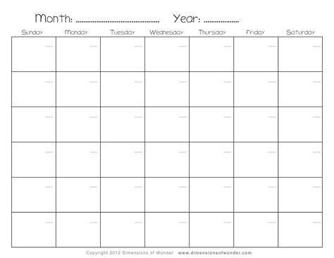 printable monthly calendar   dimensions