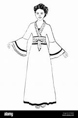 Chinese Costume Outline National Girl Vector Standing Alamy Side Front sketch template