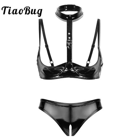 Womens Wet Look Black Patent Leather Underwear Hot Sexy Lingerie Set