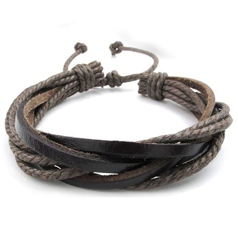 handmade mens leather bracelet woven hemp rope wrapped brown adjustable bracelets