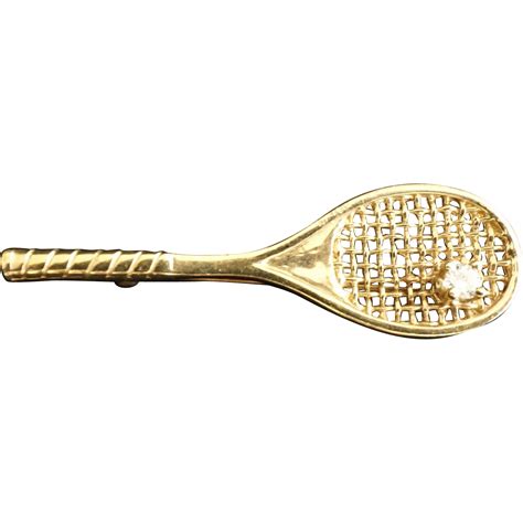 gold tennis racket pin  diamond  cowhollowcollectibles  ruby lane