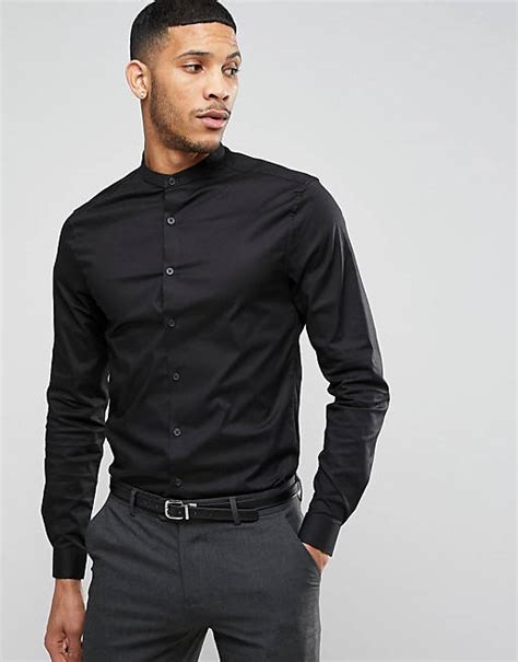 asos design skinny overhemd zonder kraag met lange mouwen  zwart asos