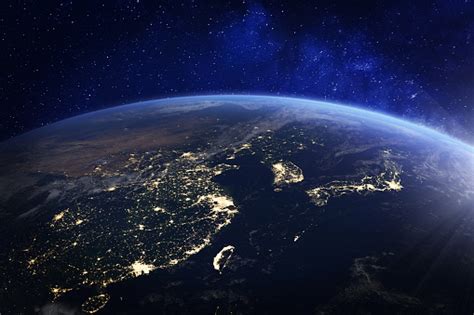 Asia At Night From Space With City Lights Showing Human