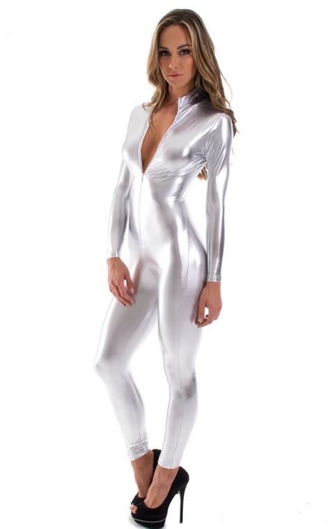 front zipper catsuit bodysuit in liquid silver