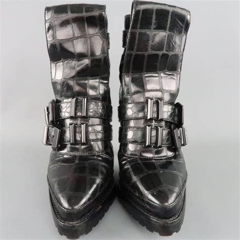 Alexander Wang Size 8 Black Alligator Embossed Western Buckle Boots At