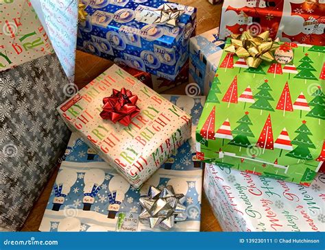 gift boxes wrapped  christmas themed gift wrap stock image