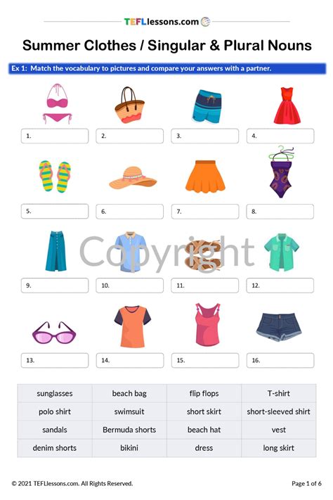 summer clothes vocabulary singular plural nouns esl resources