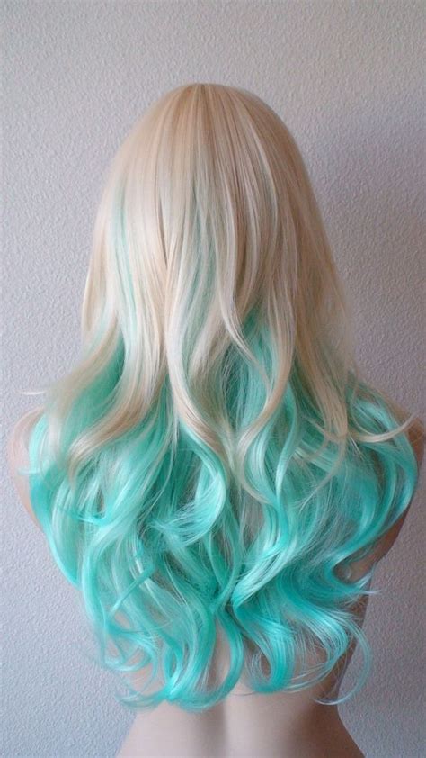 blonde teal ombre wig medium length curly hair long side bangs blonde light blue ombre colored