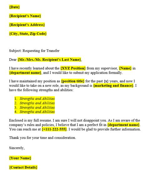 transfer request letter  email format examples