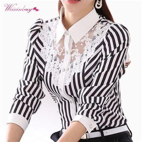 long sleeve lace tops striped blouse women spring autumn turn down