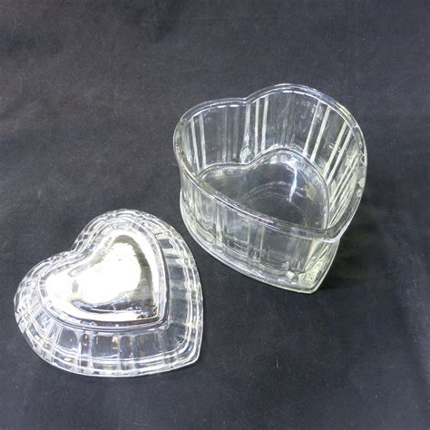vintage large clear crystal glass heart shaped candy dish  lid