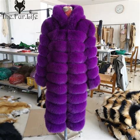 fashion purple real fox fur coat long warm fur outerwear  hood full pelt fox fur jackets