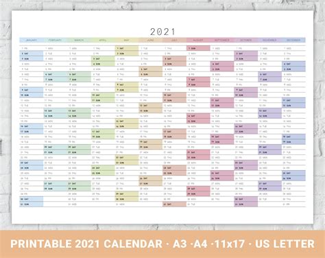 2021 Wall Calendar Yearly Overview Printable Calendar Large Etsy