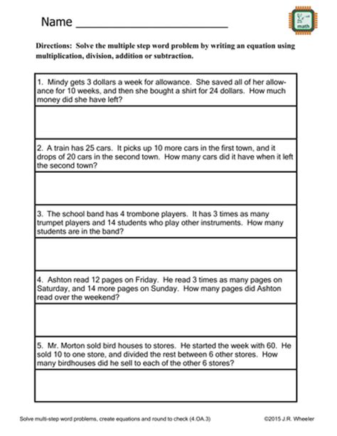 write equations  solve word problems worksheet oa teaching
