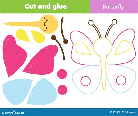 children educational game cut  glue   butterfly  scissors