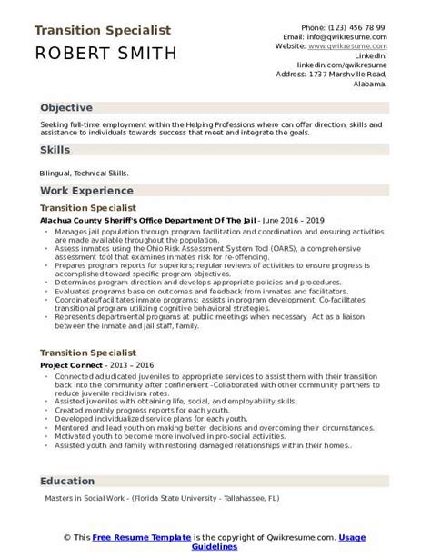 transition specialist resume samples qwikresume