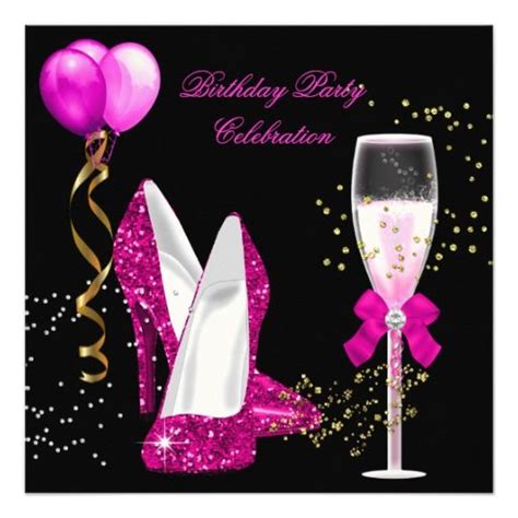 Hot Pink Gold Glitter Black Birthday Party Invitation
