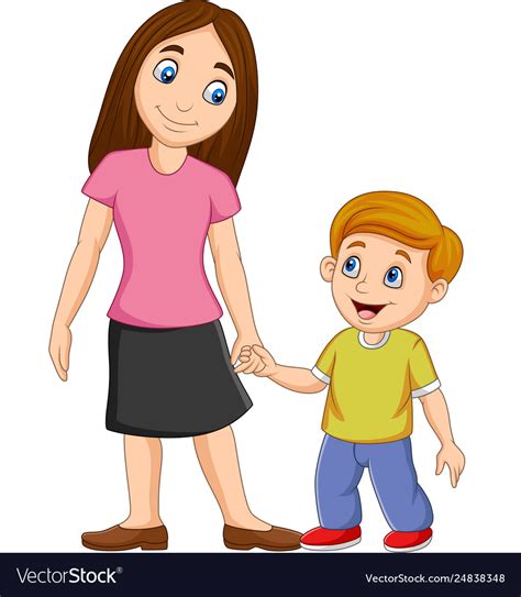 cartoon mother holding her sons hand royalty free vector