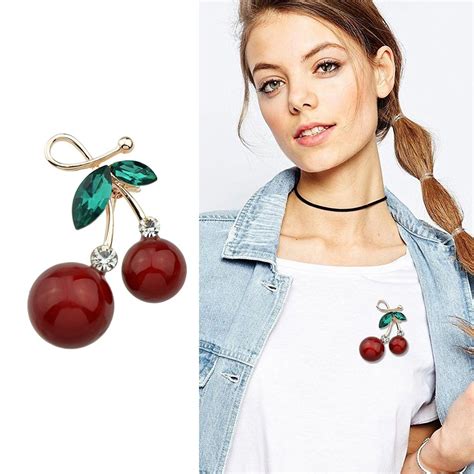 Fashion Sexy Red Cherry Gold Tone Brooches With Green Crystal For Lady