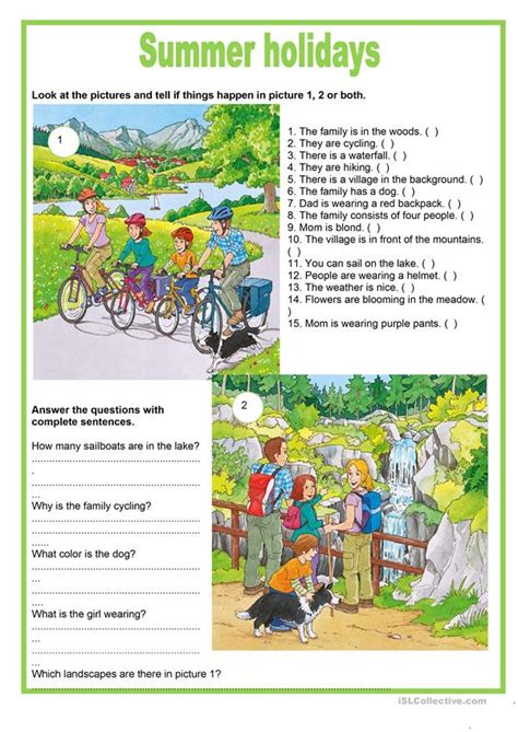 Picture Description Summer Holidays English Esl Worksheets
