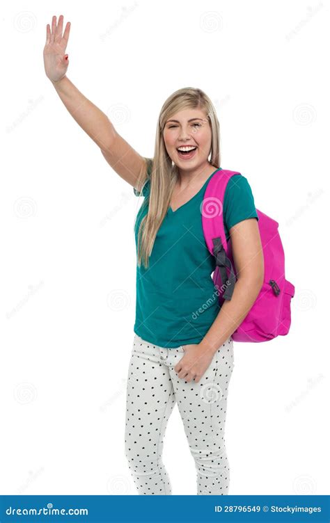 excited college student waving  hand royalty  stock images image