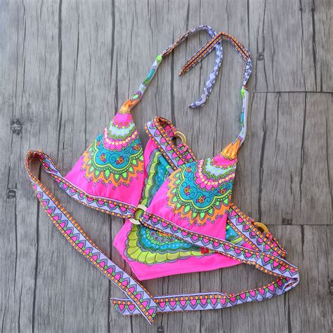 Triangle Bikini Pink Floral Print Swimwear Women Thick