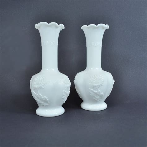 Two 6 Imperial Milk Glass Bud Vases Chrysanthemum