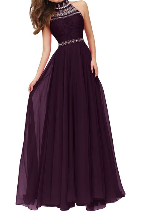 qy bride beaded high collar wedding party dresses chiffon prom gown  grape   great