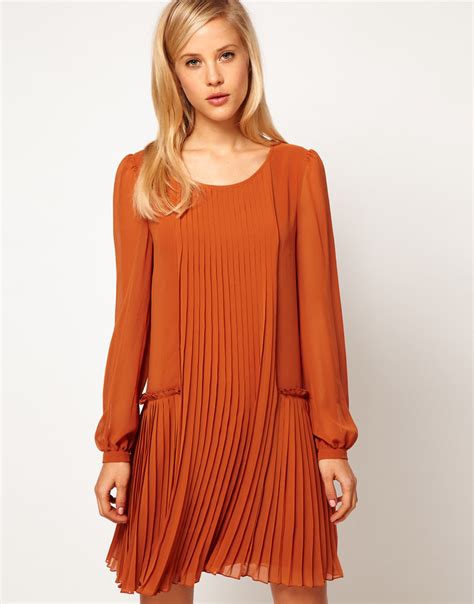 asos collection asos shift dress  pleated dropped waist  orange rust lyst