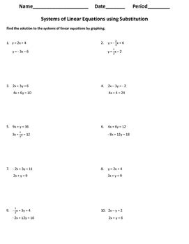 algebra  worksheet solving systems  equations  substitution