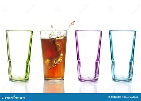 Four Colorful Drinking Glasses One With Cola Stock Image Image Of