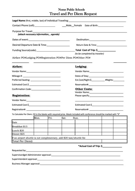 Fillable Travel And Per Diem Request Form printable pdf download
