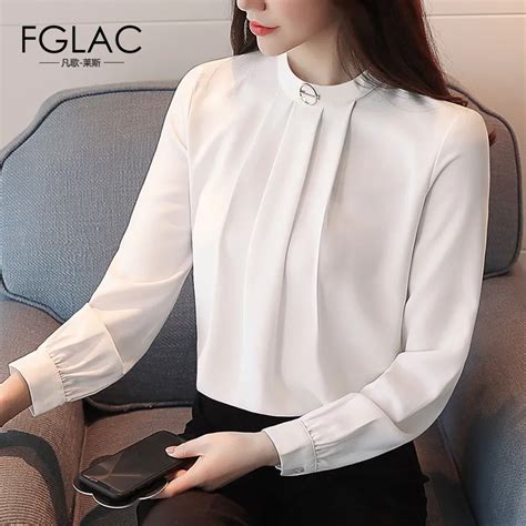 Fglac Women Chiffon Blouse Long Sleeve White Women Shirt Elegant Slim