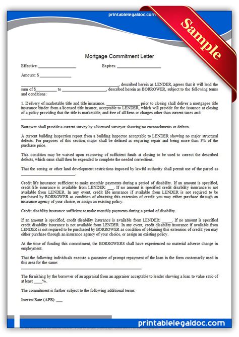 printable mortgage commitment letter form generic