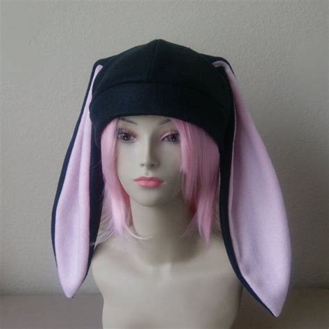 fleece rabbit hat black pastel pink beanie style with