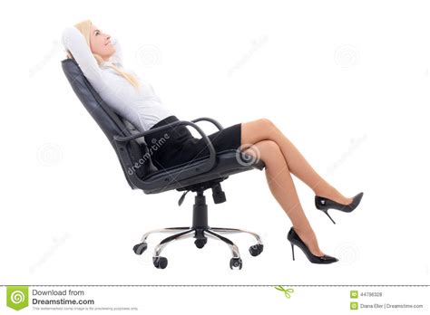 Happy Sexy Business Woman Sitting On Office Chair Isolated On Wh Stock