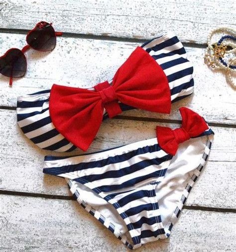 Red Bow Striped Print Sailors Girl 2 In 1 Swimwear Cute Bathing