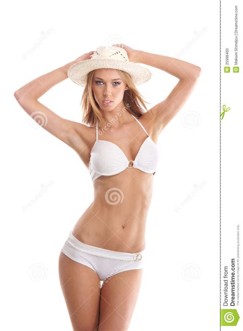 una giovane e donna bionda sexy in un costume da bagno bianco fotografia stock immagine di