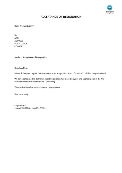 sample letter accepting employee resignation