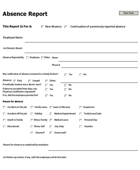 absence report templates  word