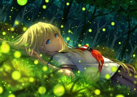 aqua eyes blonde hair blue eyes forest grass long hair original school