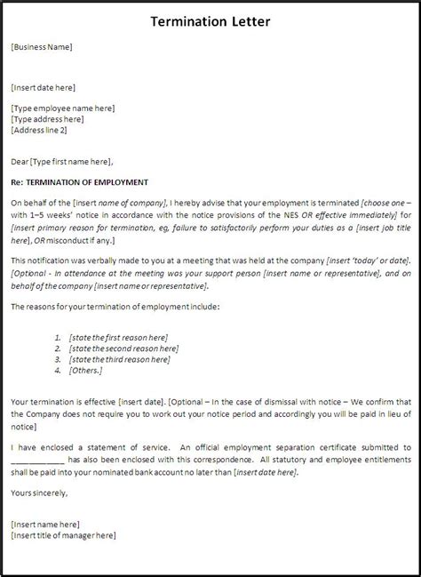 employment termination letter  word templates