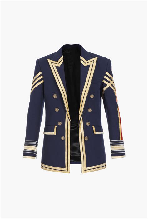 navy blue embroidered blazer with double breasted buttoned fastening