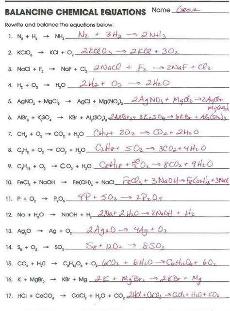balancing equations worksheet answers balancing chemical equations