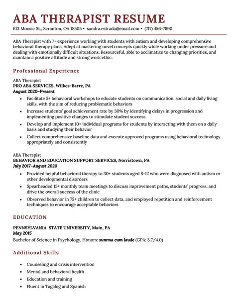 aba therapist resume sample skills