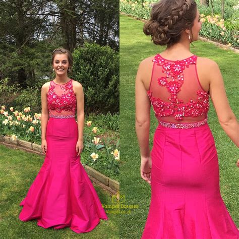 Hot Pink Sheer Illusion Lace Bodice Long Mermaid Prom