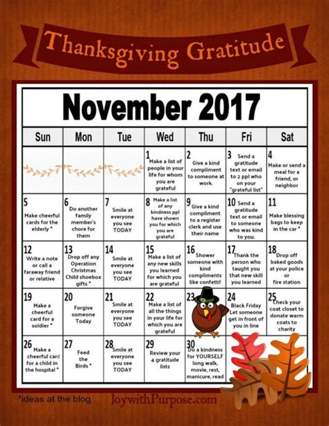 thanksgiving gratitude calendar  november printable   growing kids